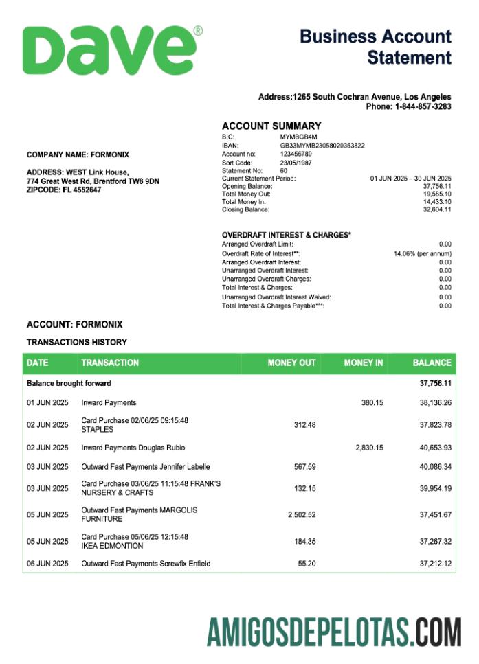 Imprimível EUA Dave Firm Checking modelo de extrato de conta Word e PDF